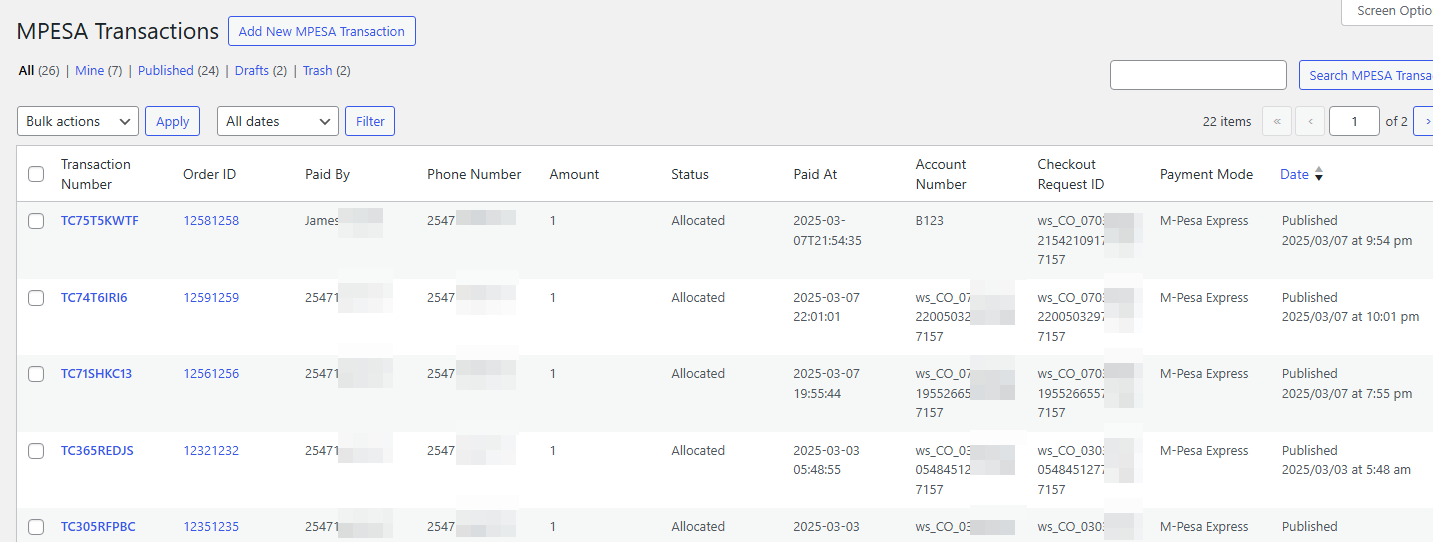 List of M-Pesa Transactions