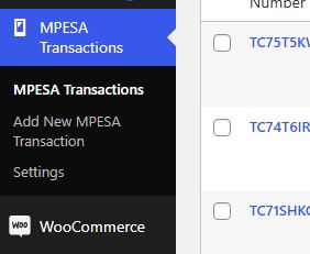 M-Pesa Plugin Admin menu